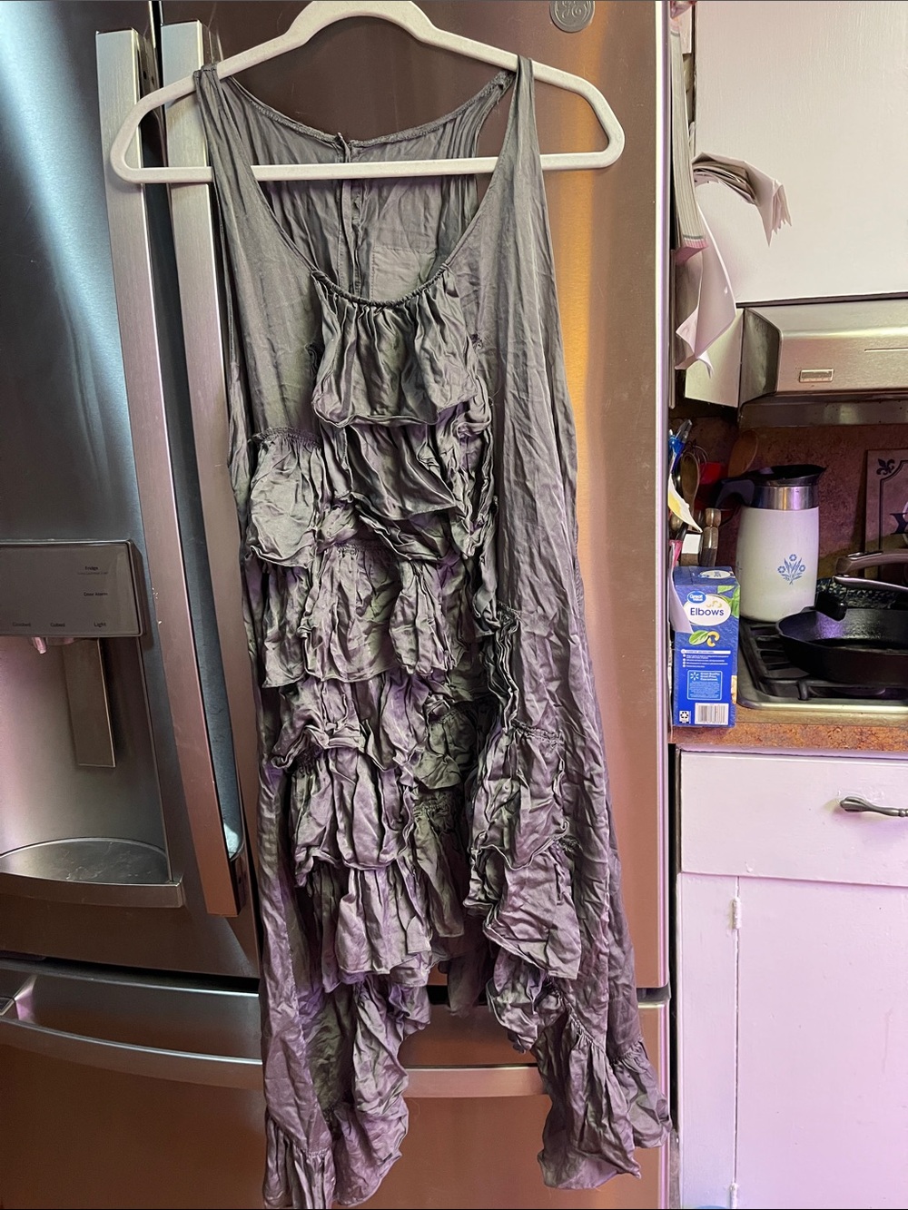 Magnolia Pearl Sleeveless Asymmetrical Ruffle Dress in Gray Vintage Silk